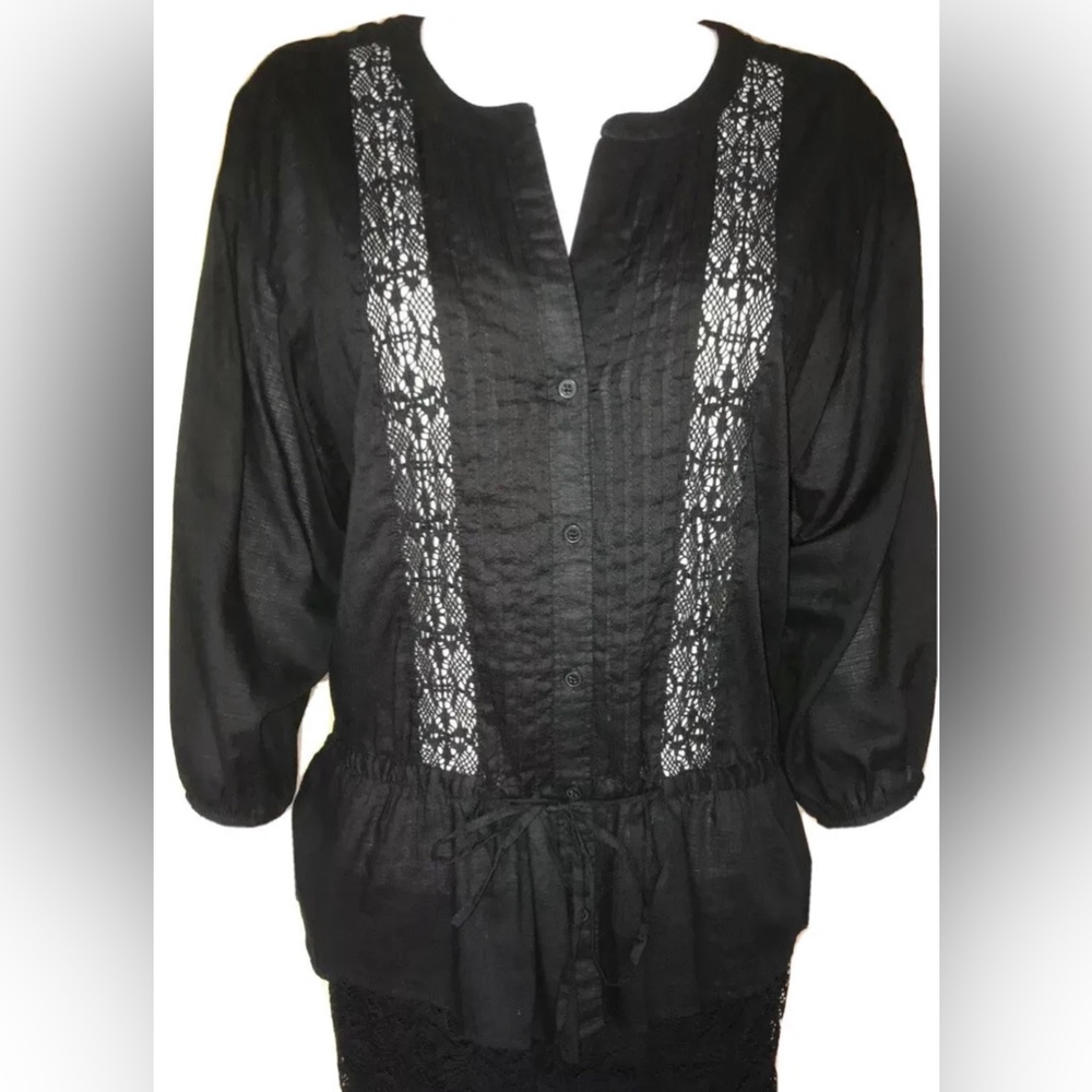 Ann Taylor Loft Black Lace Button Tie Front Peasant Boho Blouse Tunic NWOT